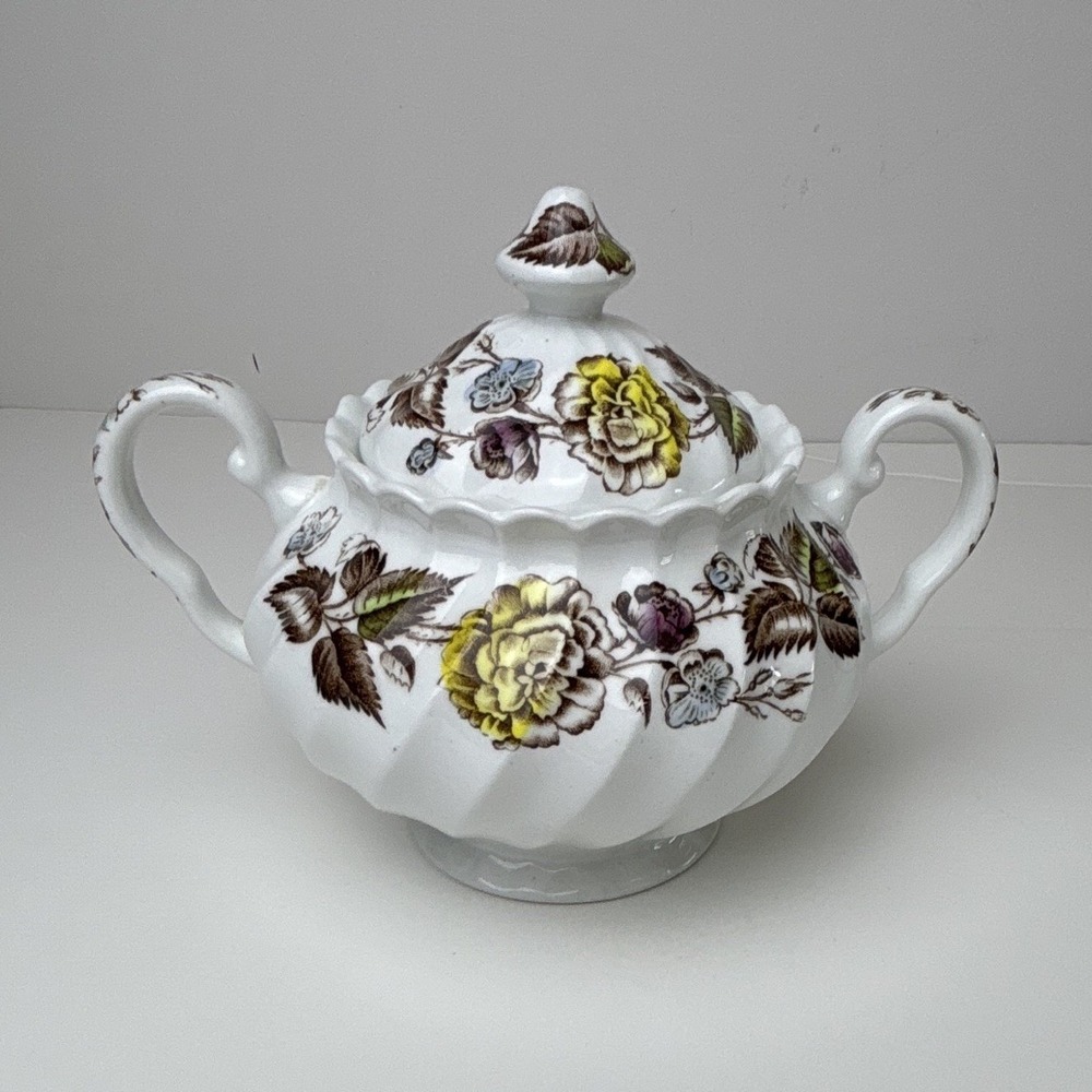 Johnson Bros Fairwood Floral Sugar Bowl w/ Lid Handles, White Glossy Ceramic  #6